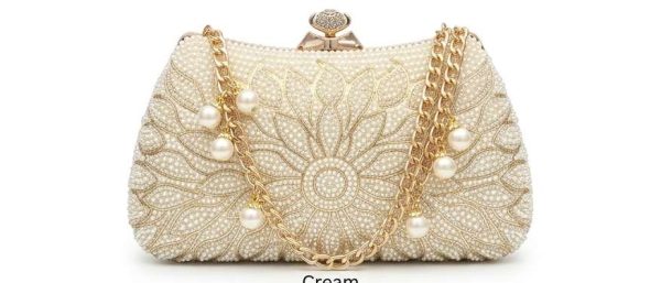 Cream Sunflower Pearl Chain Clutch