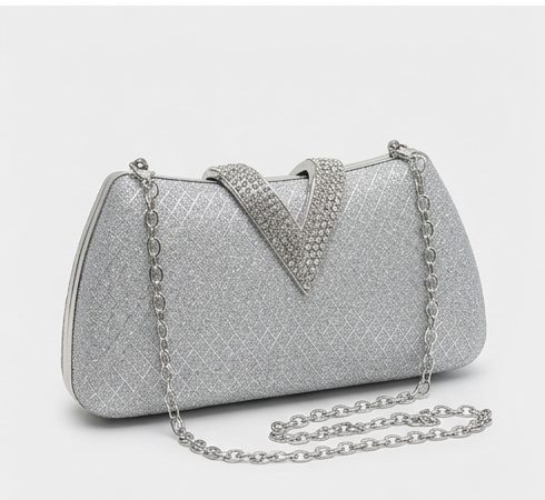 Silver Glitter V-Clasp Clutch