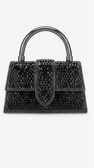Black Woven Crystal Top Handle Bag
