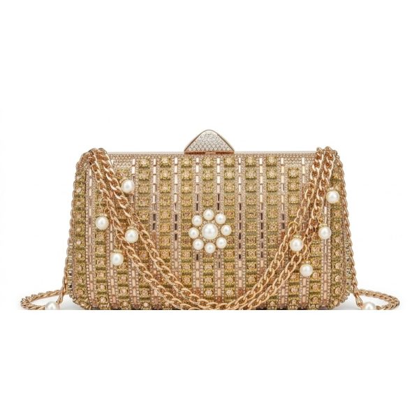 Crystal Grid Pearl-Chain Clutch