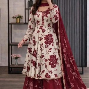 Golap Gown Three Piece, maroon floral print