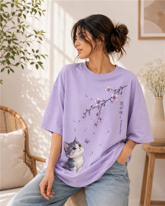 Cherry Blossom Cat Print Oversized T-Shirt