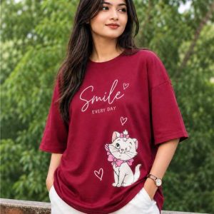 Smile Every Day Cat Print Oversized T-Shirt