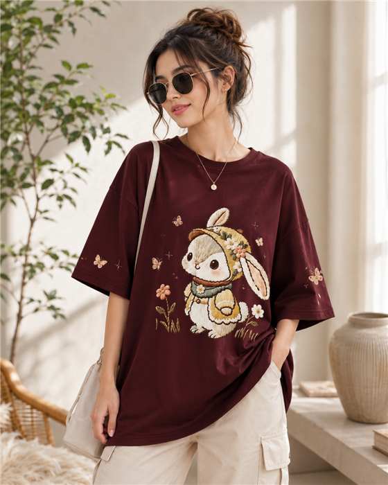 Cute Bunny Floral Print Oversized T-Shirt