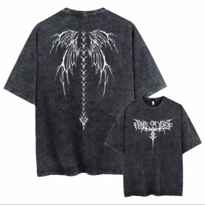 Gothic Wings Spine acid wash drop shoulder t-shirt - Black - SebaChat