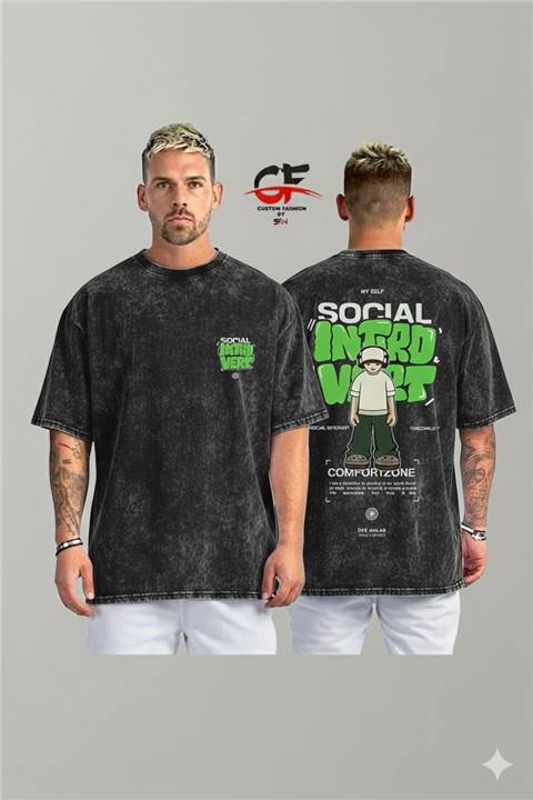 Social Introvert acid wash drop shoulder t-shirt - Black - SebaChat