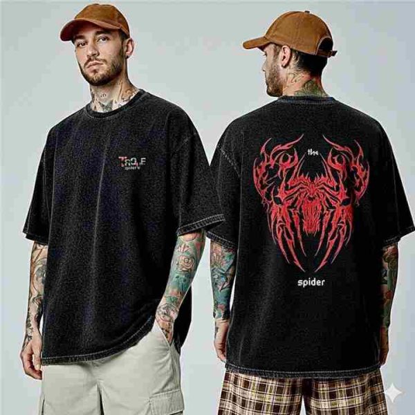 The Spider Gothic acid wash drop shoulder t-shirt - Black - SebaChat