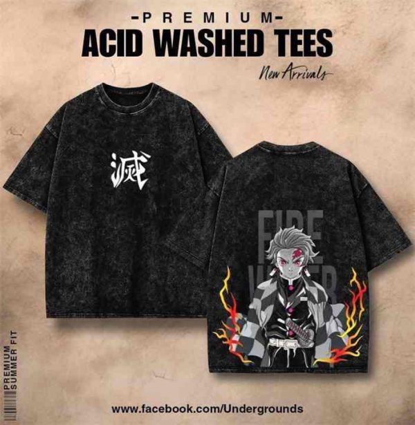 Tanjiro Fire Water acid wash drop shoulder t-shirt - Black - SebaChat