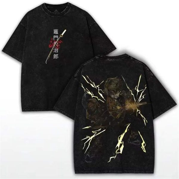 Zenitsu Thunder acid wash drop shoulder t-shirt - Black - SebaChat
