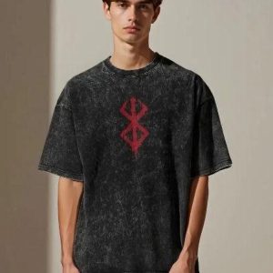 Red Sacrifice Symbol Acid Wash Drop Shoulder T-Shirt