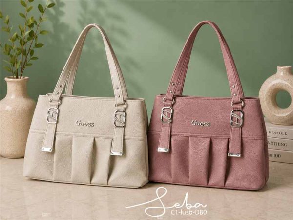 Pleated Buckle-Strap Tote Bag - Cream & Dusty Pink