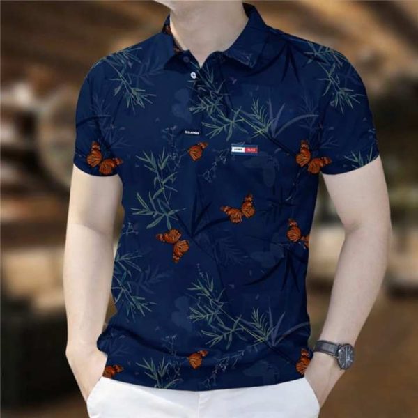 Butterfly and bamboo print polo shirt - Navy - SebaChat