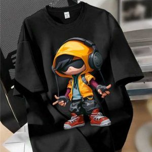 Headphone Boy Cartoon T-Shirt - Black - SebaChat