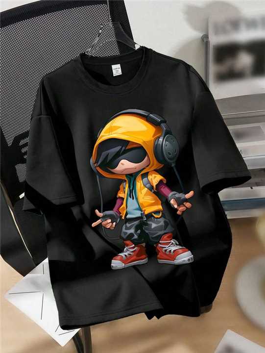 Headphone Boy Cartoon T-Shirt - Black - SebaChat