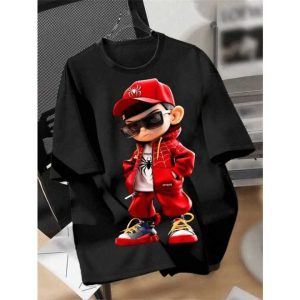 Red Jacket Boy Cartoon T-Shirt - Black - SebaChat