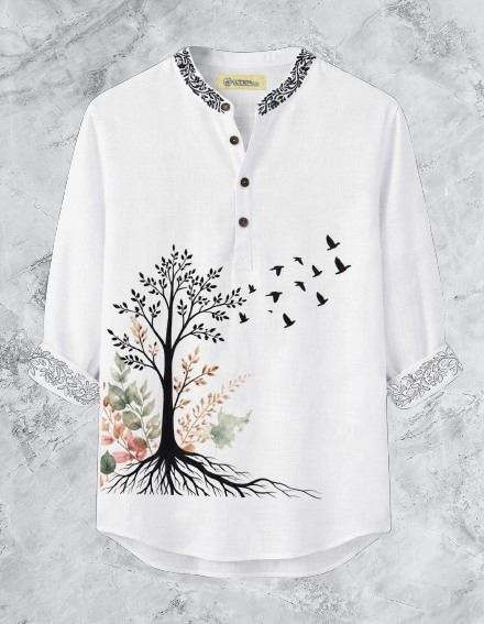 Tree and Birds Print Katua for Men - White - SebaChat