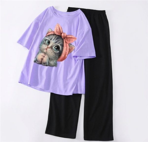 Cat & Bow Palazzo Set – Purple - SebaChat