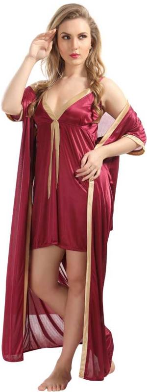 2-Part Satin Nighty (52 inch Gown) - Maroon