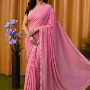 Georgette Saree with Blouse Piece - Pink