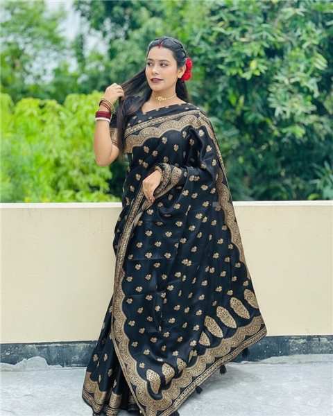 Japani Silk Saree with Blouse Piece - Black