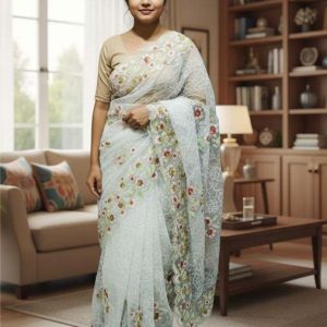 Floral Vine Border Mesh Organza Saree - White