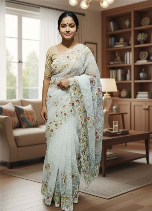 Floral Vine Border Mesh Organza Saree - White