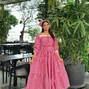 One Piece Kurti (Check Print) - Pink