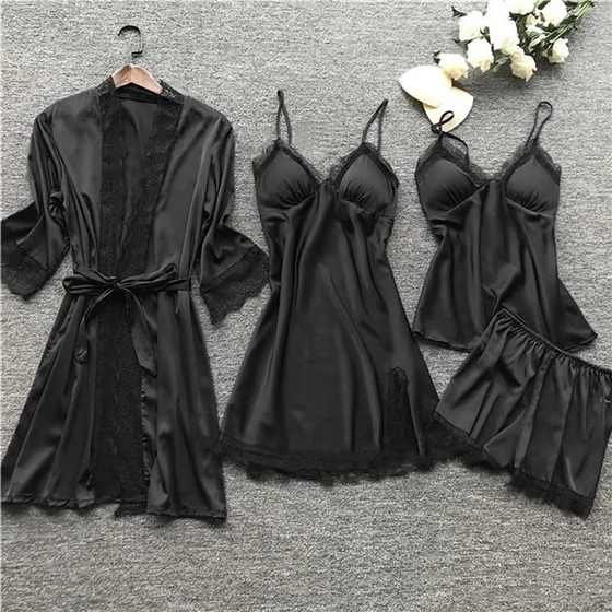 Satin Night Dress 4-Piece Set - Black