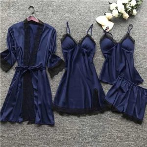 Satin Night Dress 4-Piece Set - Navy