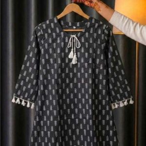 One Piece Short Kurti (Block Print) - Black