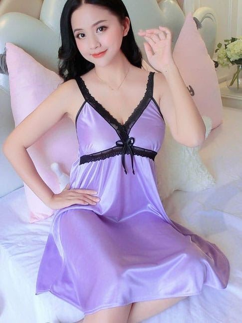 Silk Satin Lace Night Dress (38 inch) - Lavender
