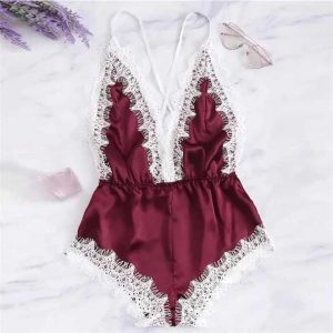 Silk Satin Lace Night Suit - Maroon