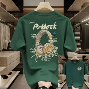 Vintage Headphone Graphic Print T-Shirt (Green, Beige, Navy) - Green - SebaChat