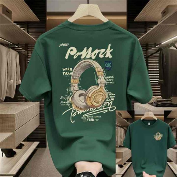 Vintage Headphone Graphic Print T-Shirt (Green, Beige, Navy) - Green - SebaChat