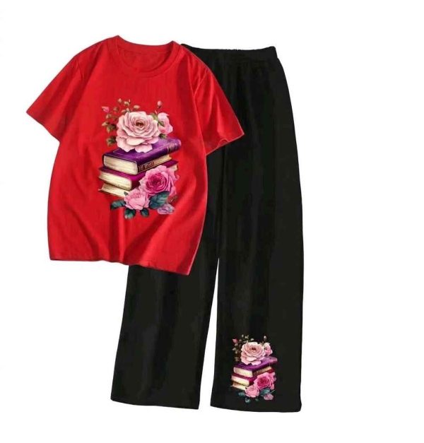 Rose & Books Palazzo Set – Red